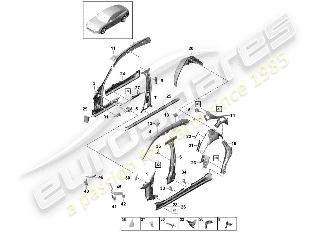 porsche 2017 (panamera 971-1) pannello laterale schema delle parti