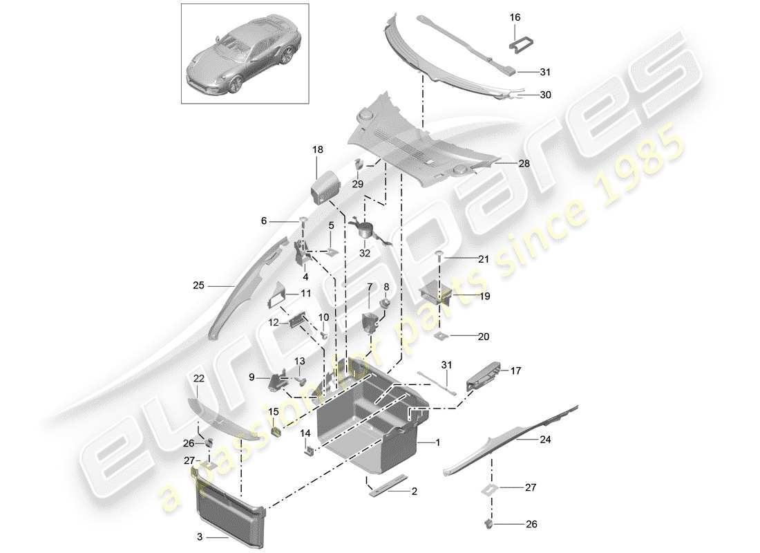 porsche 2019 (991-2 turbo) fodera dello stivale diagramma delle parti
