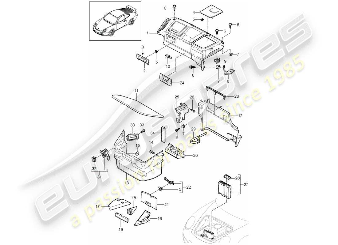 porsche 2008 (997-1 gt3) compartimento bagagli diagramma delle parti