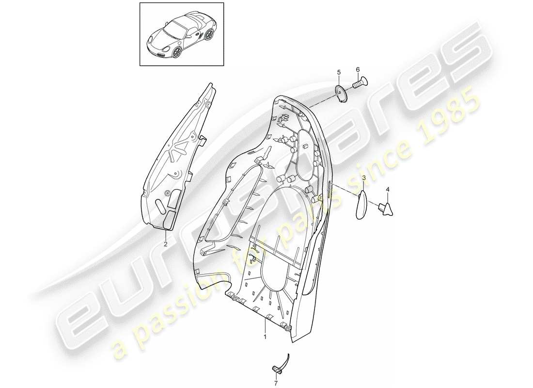 porsche 2009 (987 boxster) guscio dello schienale diagramma delle parti