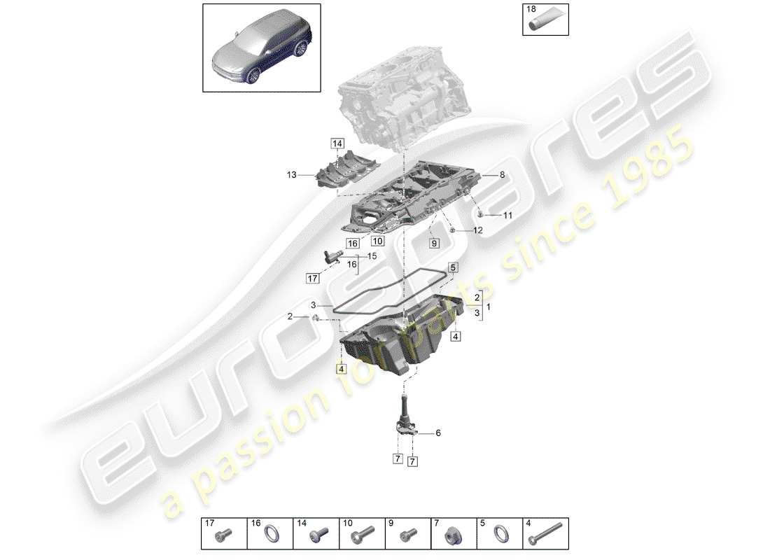 porsche 2019 (cayenne e3 9ya/9yb) schema delle parti dell'alloggiamento per conduzione dell'olio