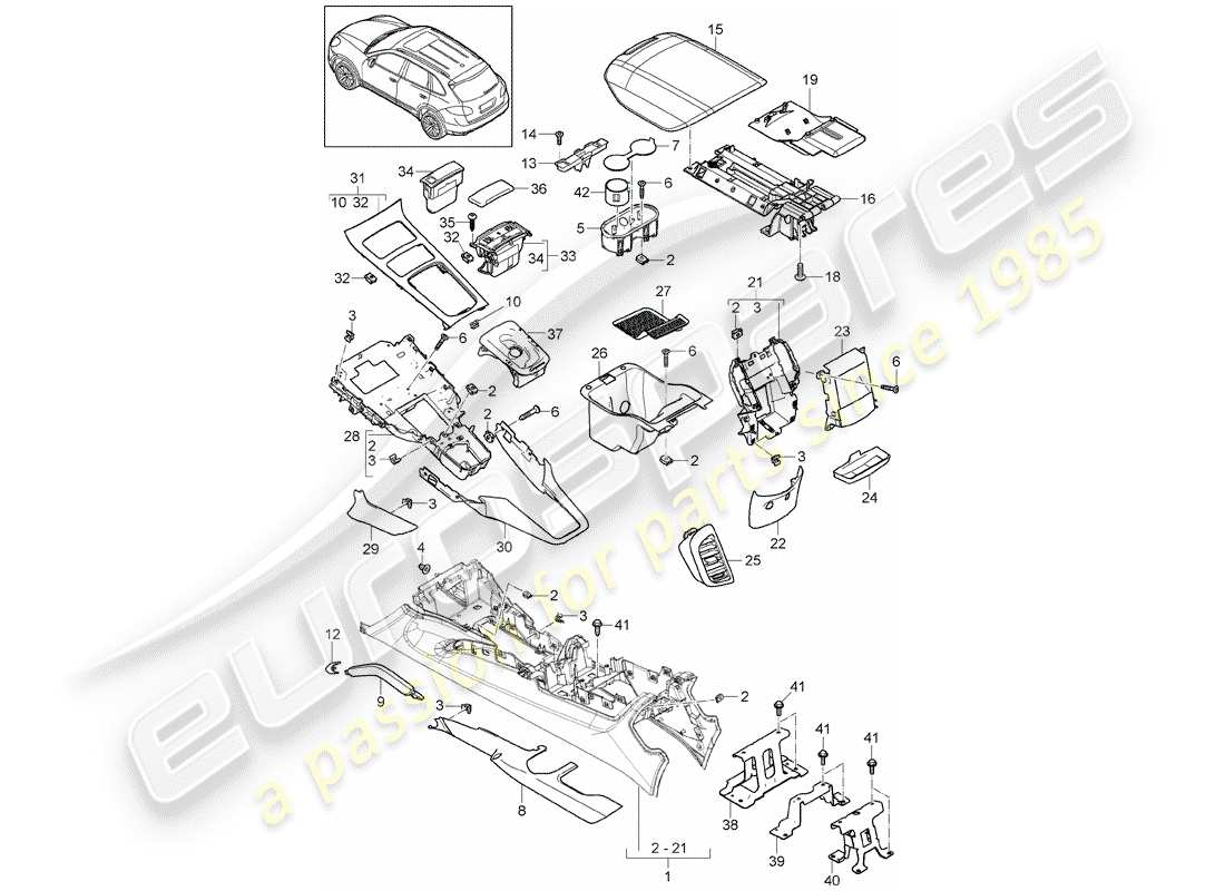 porsche 2014 (cayenne e2 92a) schema delle parti della console centrale
