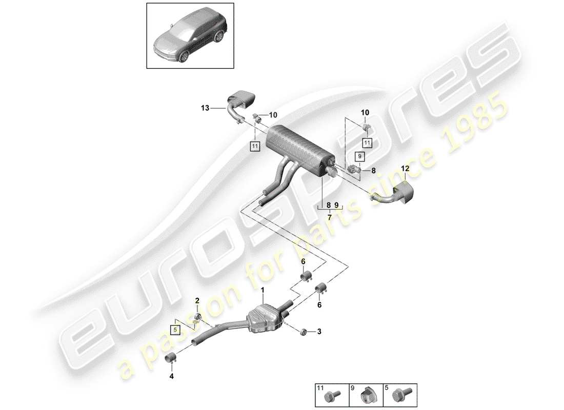porsche 2018 (cayenne e3 9ya/9yb) impianto di scarico diagramma delle parti