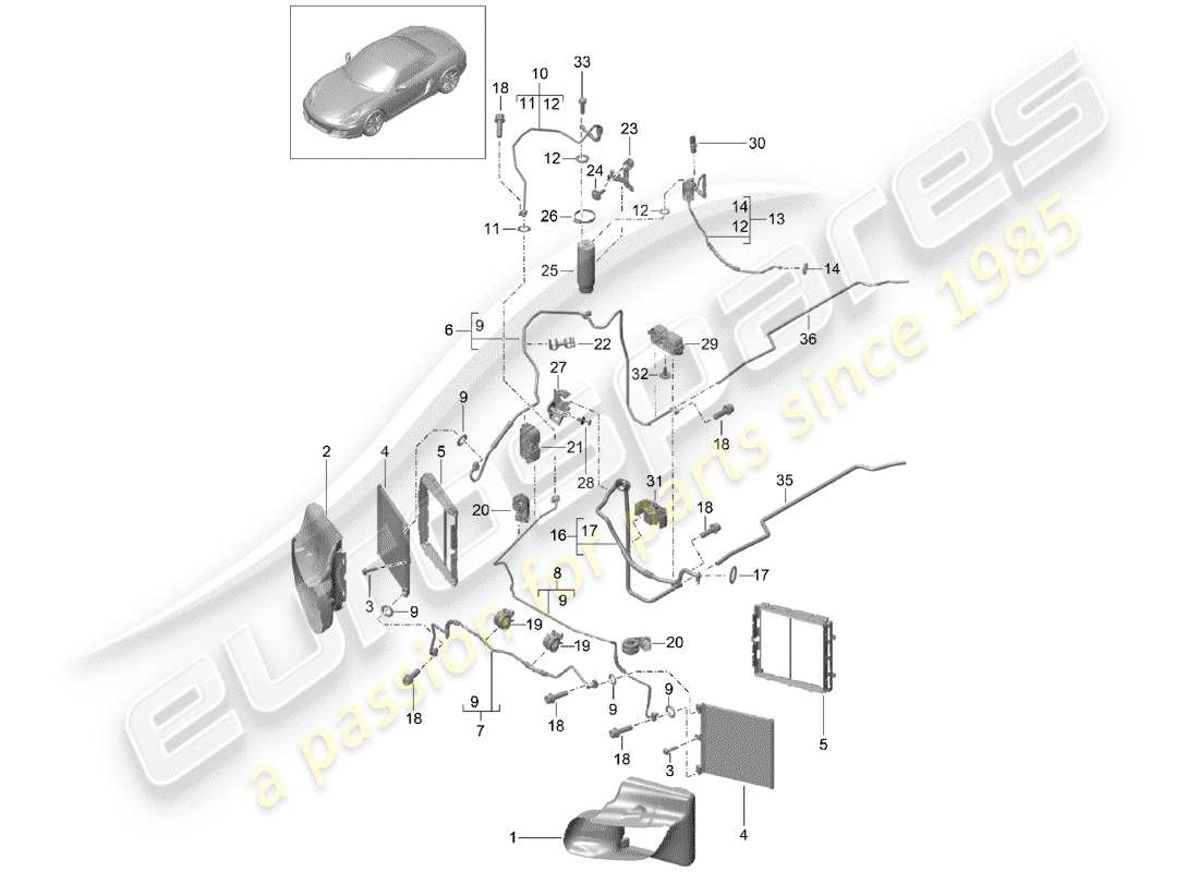 porsche 2013 (981 boxster) circuito frigorifero diagramma delle parti