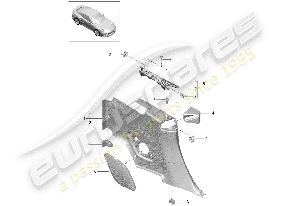 porsche 2019 (991-2 turbo) pannello di rivestimento quartiere diagramma delle parti