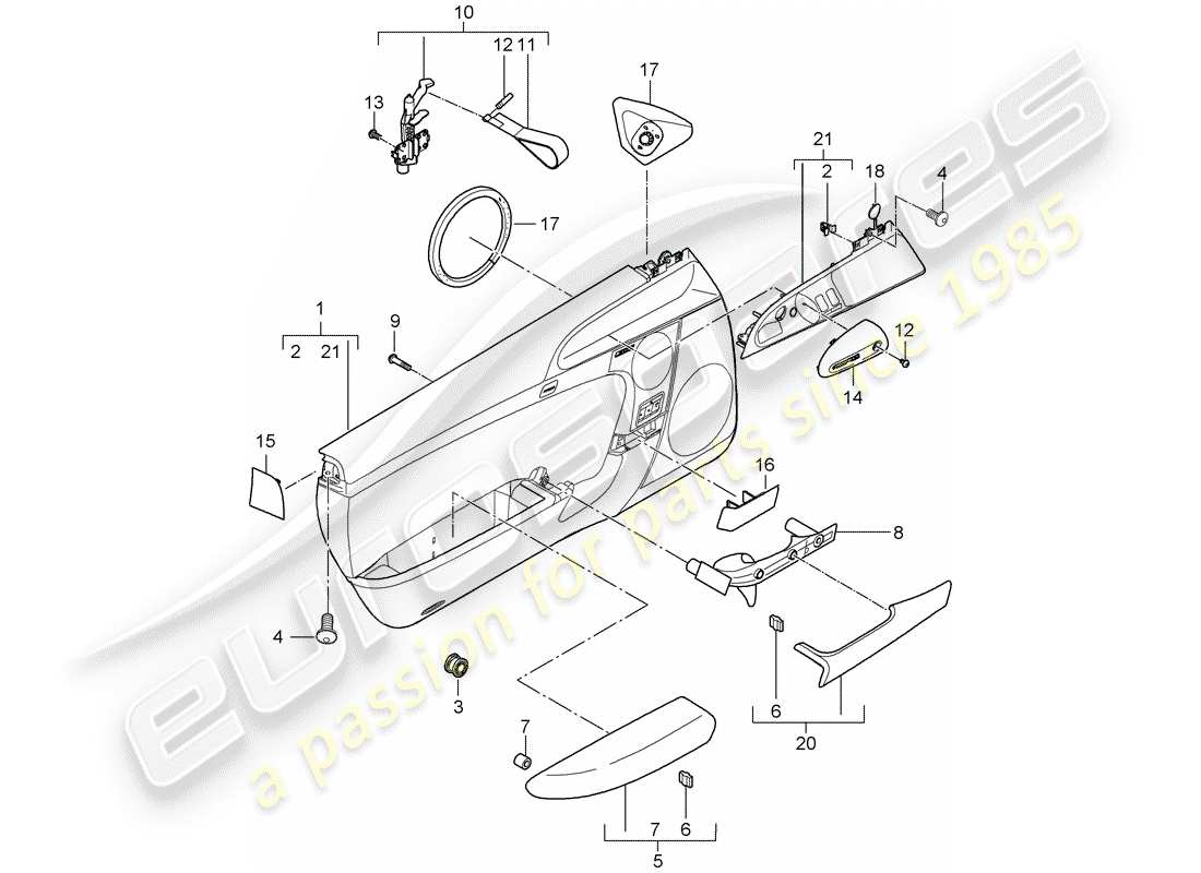 porsche 2008 (997-1 gt3) schema delle parti del pannello della porta