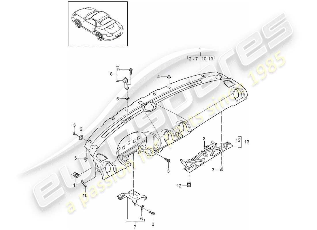 porsche 2011 (987 boxster) rivestimento del pannello del cruscotto diagramma delle parti