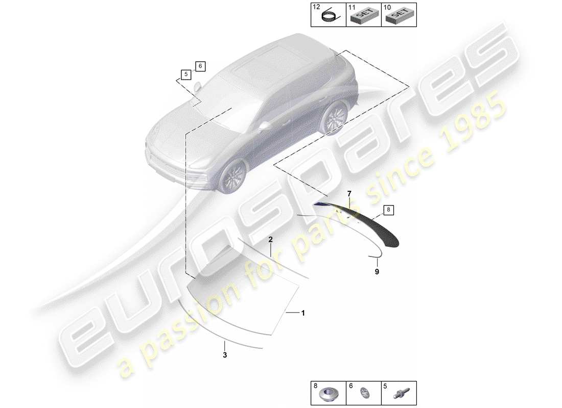 porsche 2019 (cayenne e3 9ya/9yb) schema delle parti vetro parabrezza