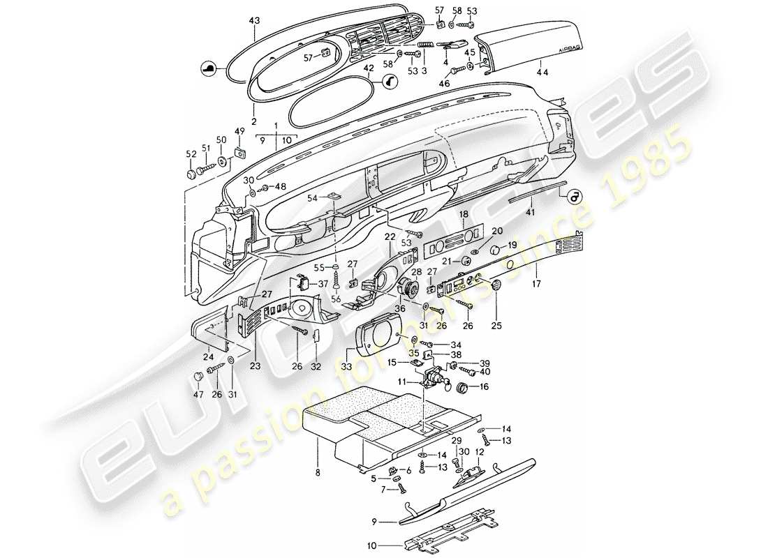 porsche 1991 (944) rivestimento del pannello del cruscotto diagramma delle parti