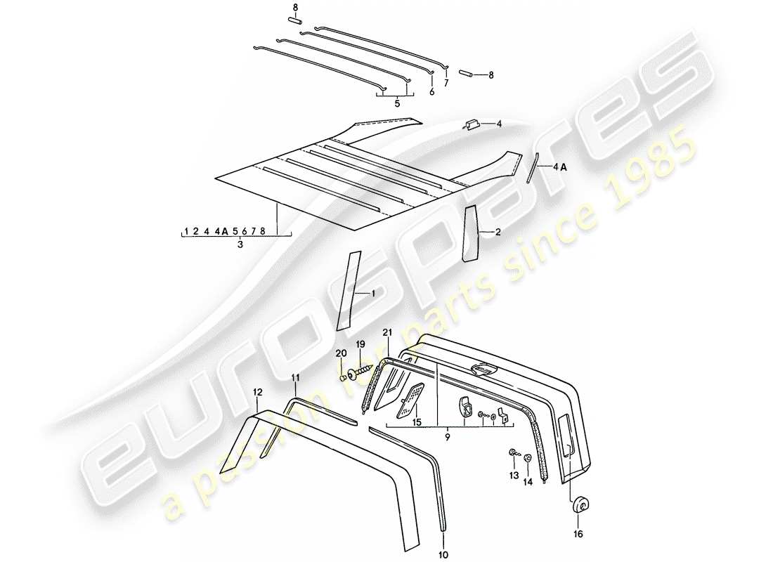 porsche 1987 (911) allestimento interno - tetto - roll bar diagramma delle parti