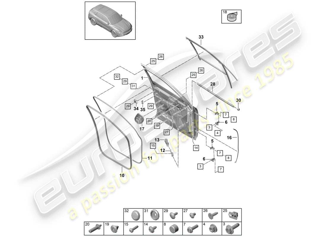 porsche 2019 (cayenne e3 9ya/9yb) schema delle parti guscio della portiera