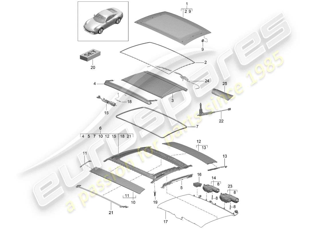 porsche 2014 (991-1) tetto di vetro diagramma delle parti