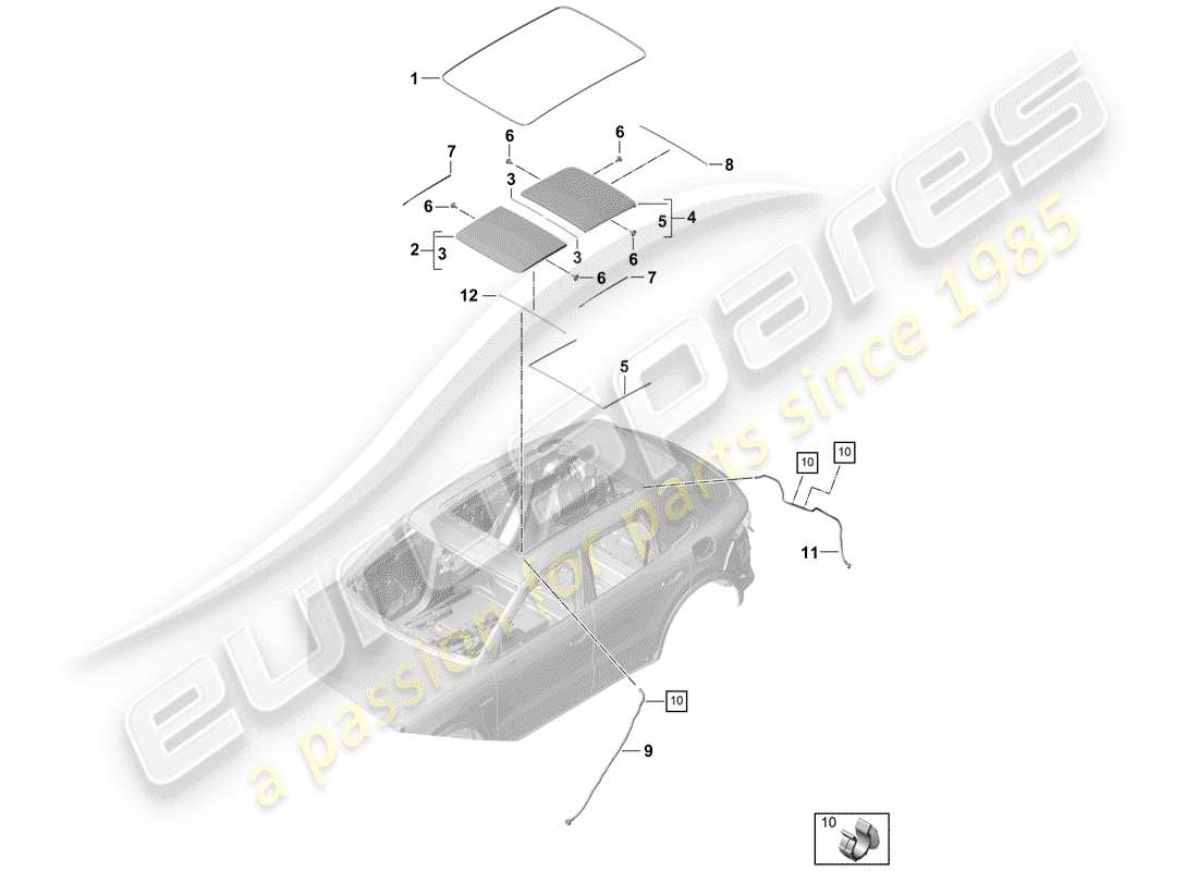 porsche 2019 (cayenne e3 9ya/9yb) tetto di vetro diagramma delle parti
