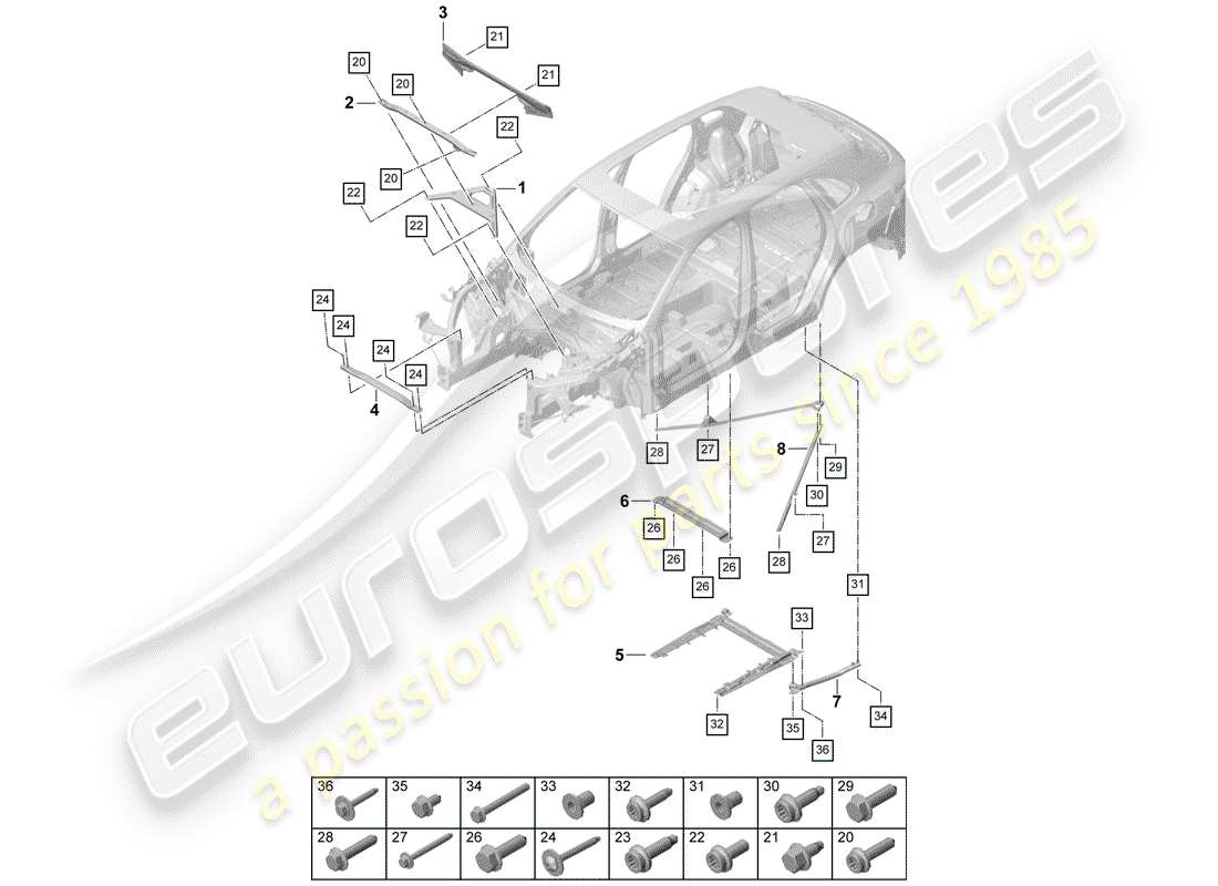porsche 2019 (cayenne e3 9ya/9yb) punte a cupola diagramma delle parti