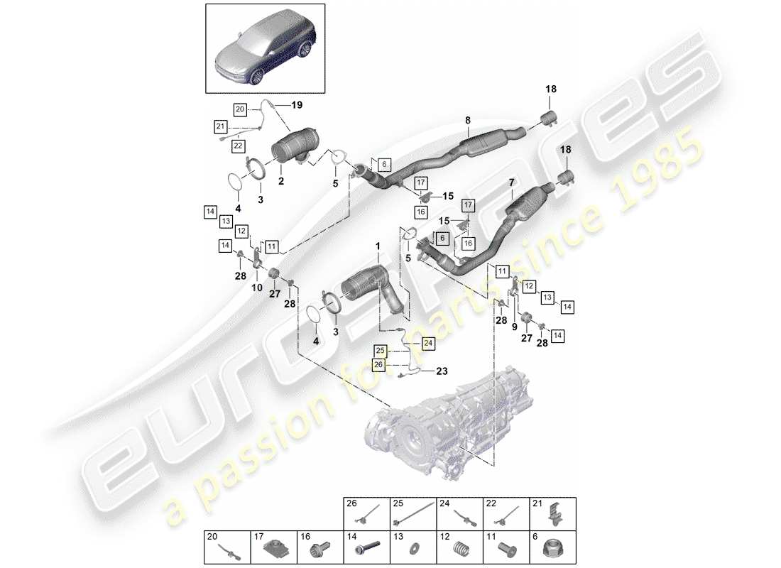 porsche 2020 (cayenne e3 9ya/9yb) diagramma delle parti del sistema di scarico
