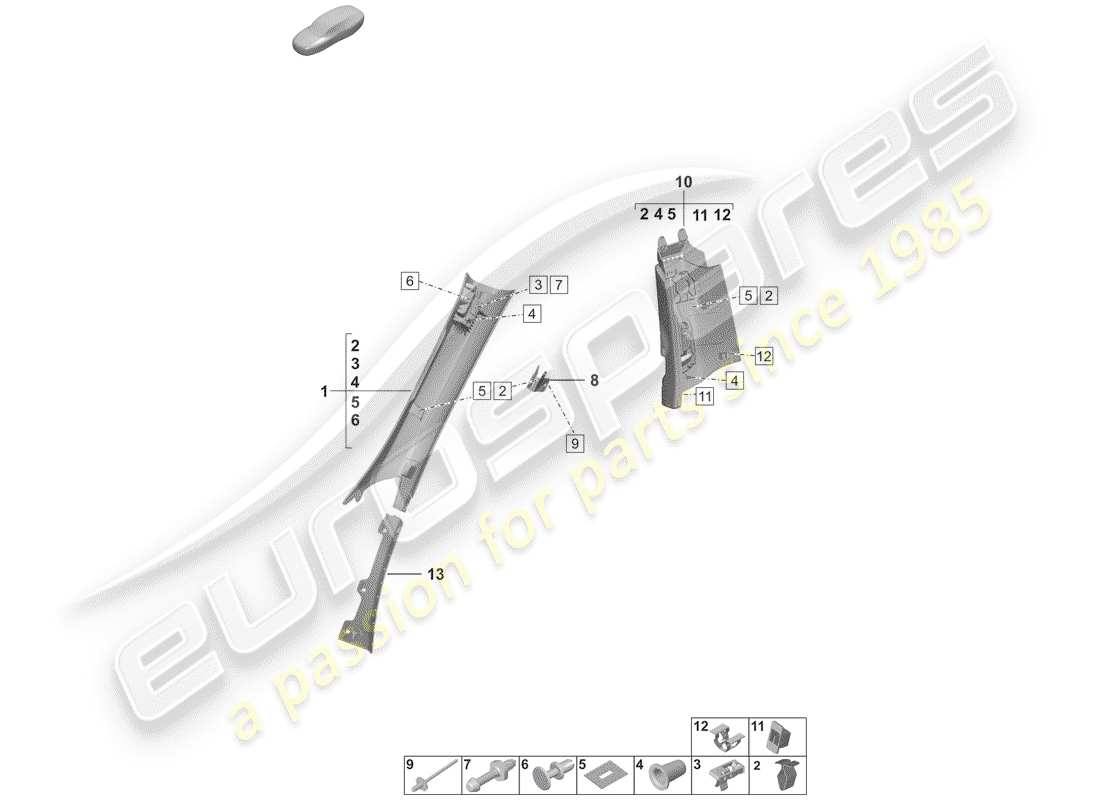 porsche 2020 (992-1) rivestimento pilastro a schema delle parti