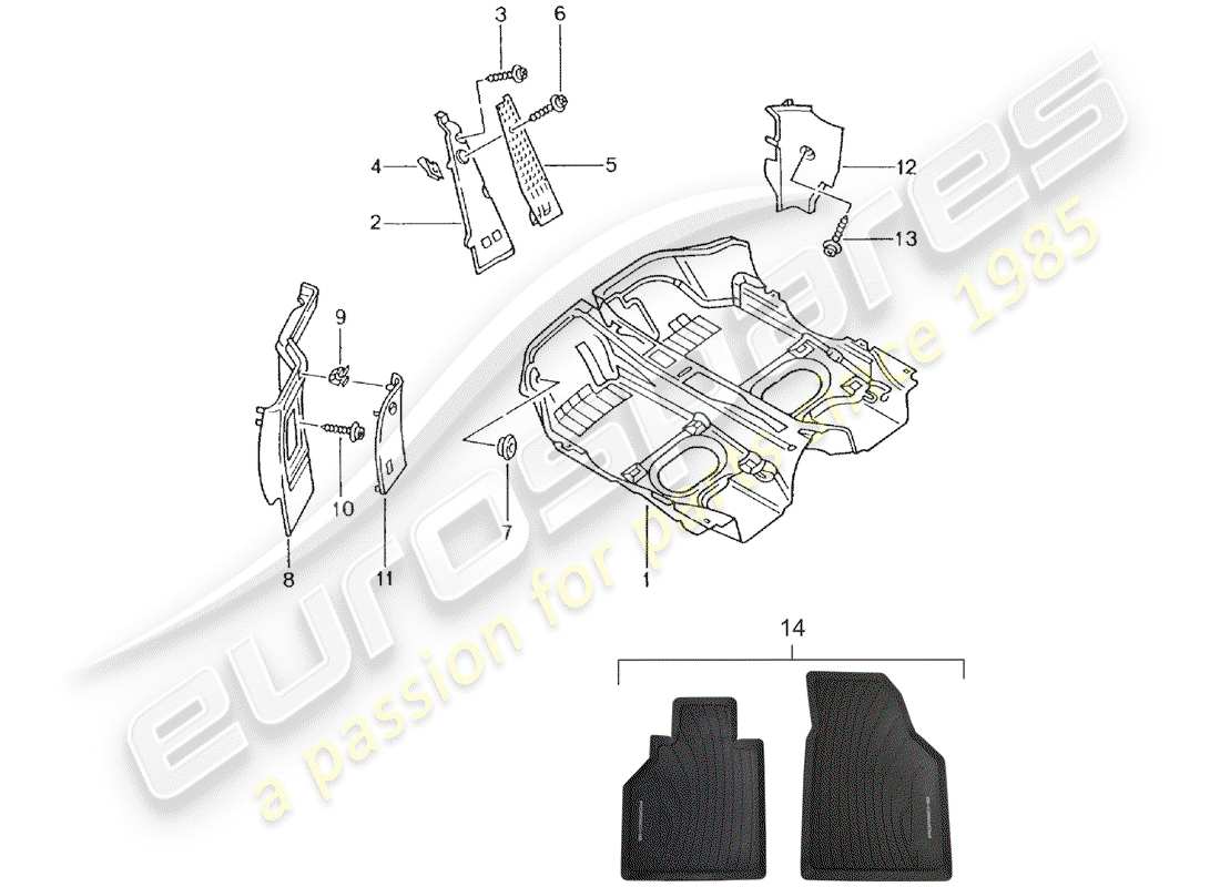 porsche 2002 (996 gt3) rivestimento pavimento - profili diagramma delle parti