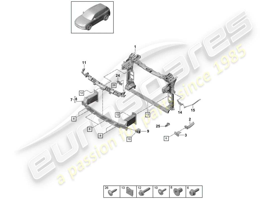 porsche 2019 (cayenne e3 9ya/9yb) diagramma delle parti del paraurti