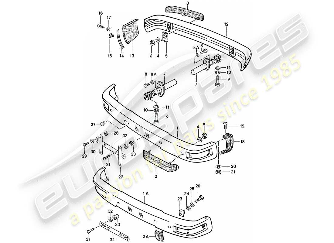 porsche 1986 (924s) paraurti - con: - paraurti schema delle parti
