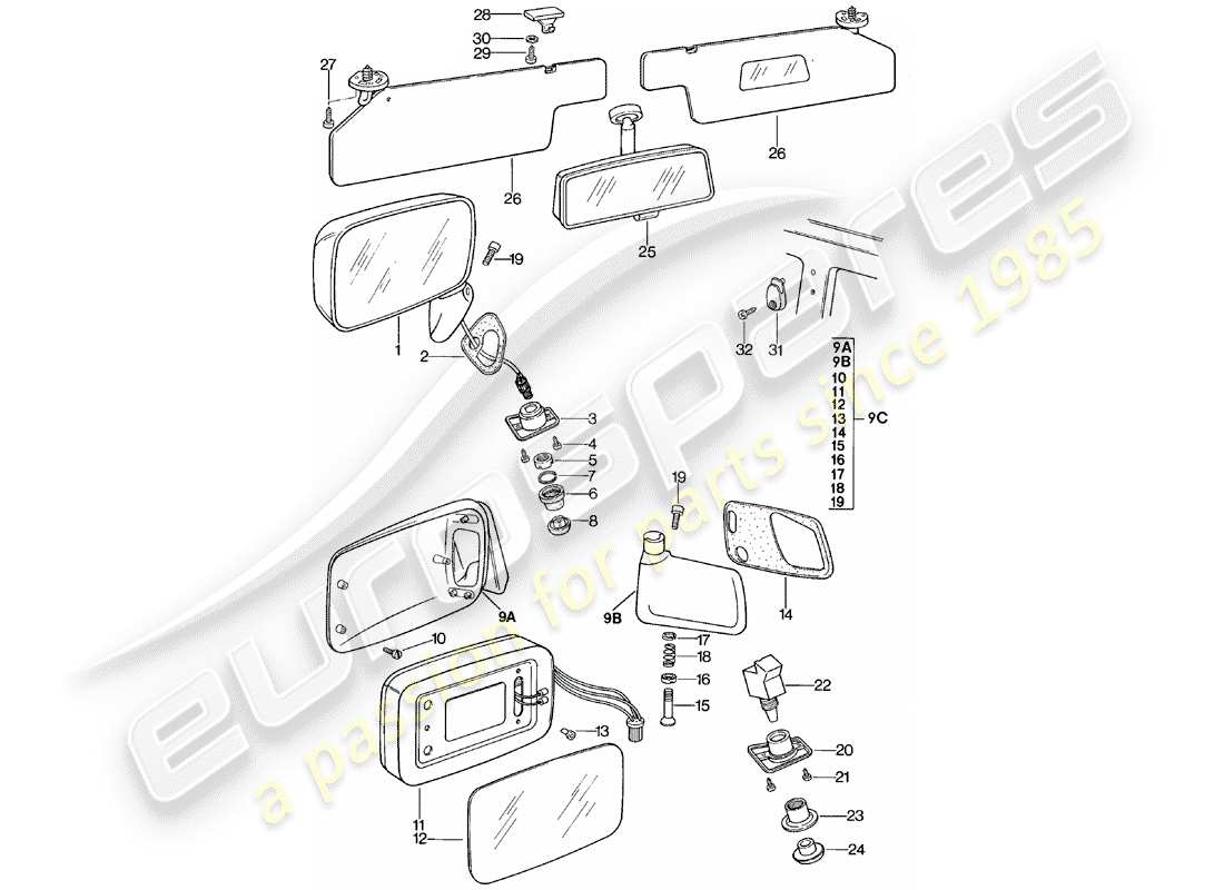 porsche 1981 (924) specchio retrovisore - specchio retrovisore interno - visiera parasole schema delle parti
