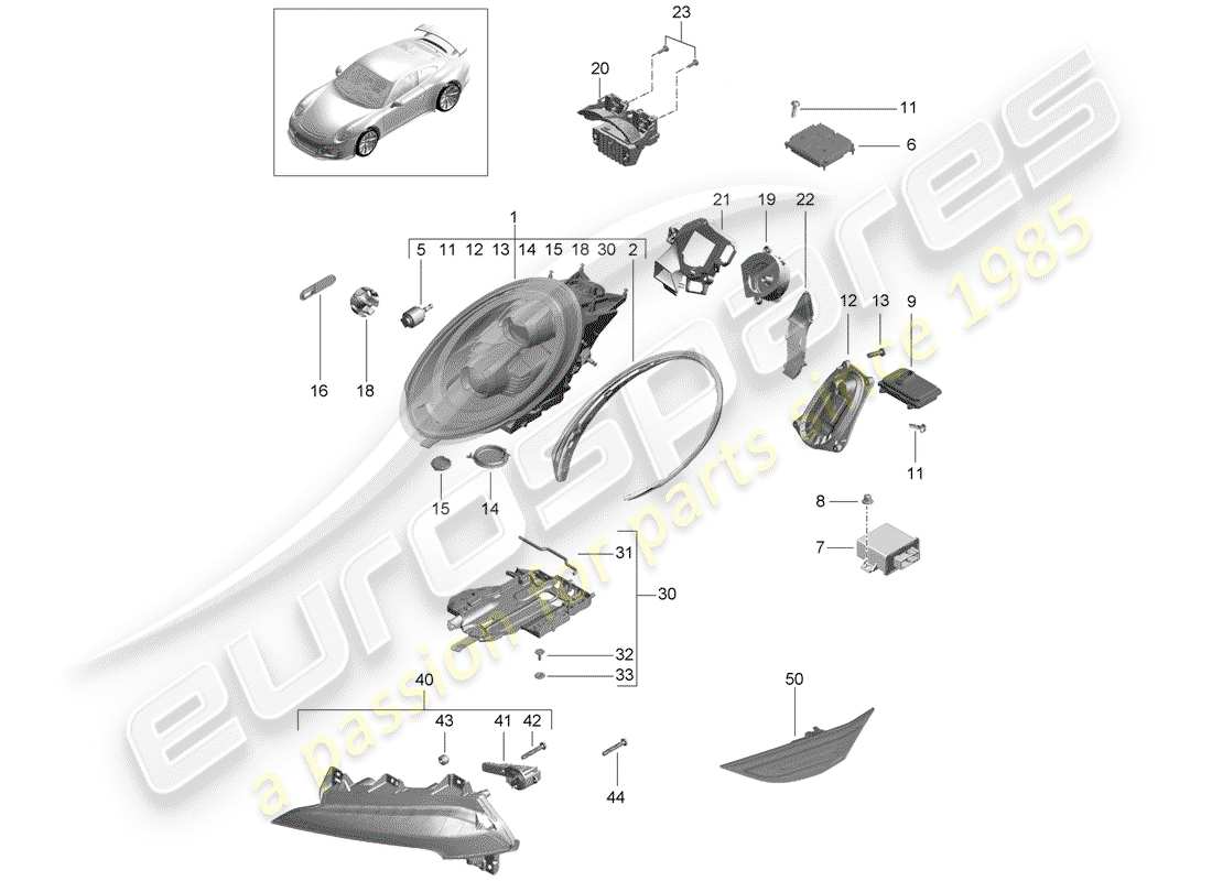 porsche 2017 (991-2 r/gt3/rs) faro a led diagramma delle parti