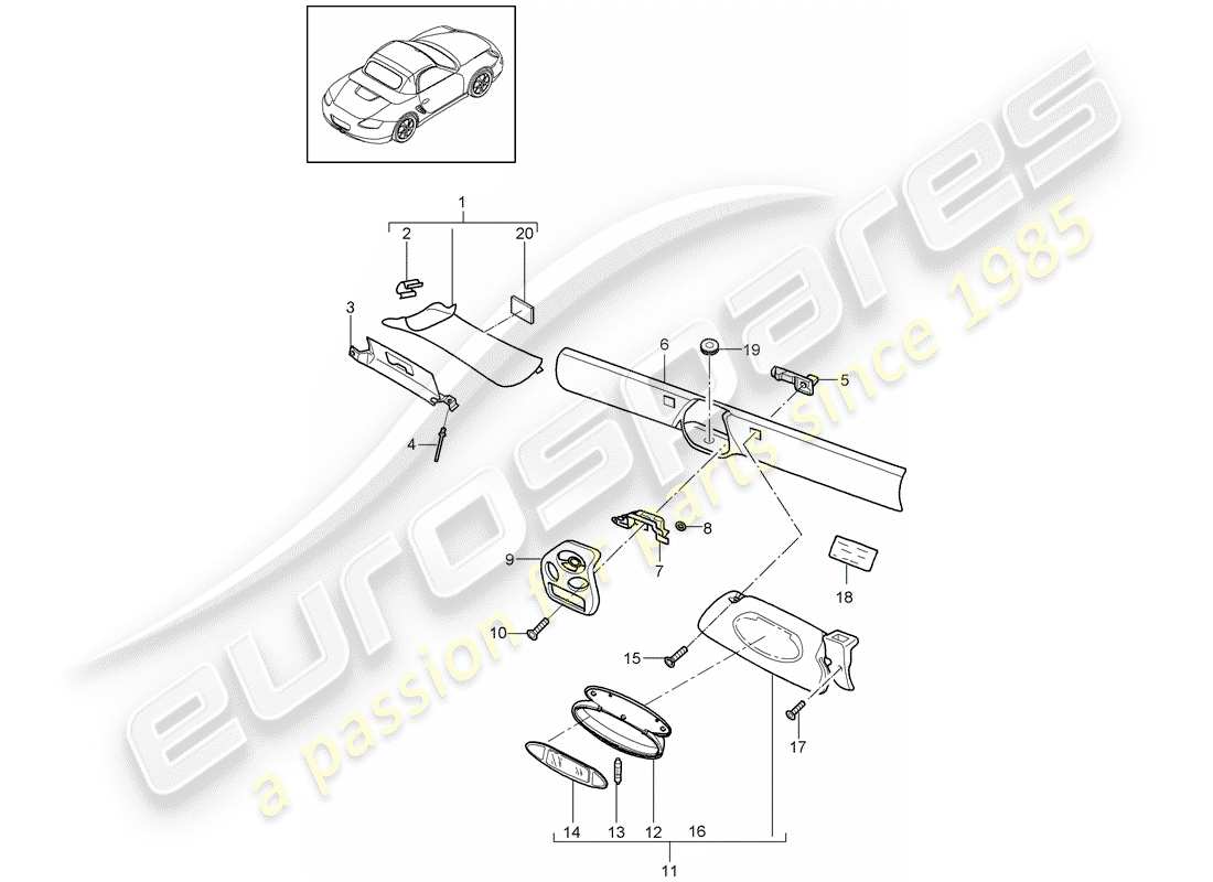 porsche 2006 (987 boxster) telaio parabrezza diagramma delle parti