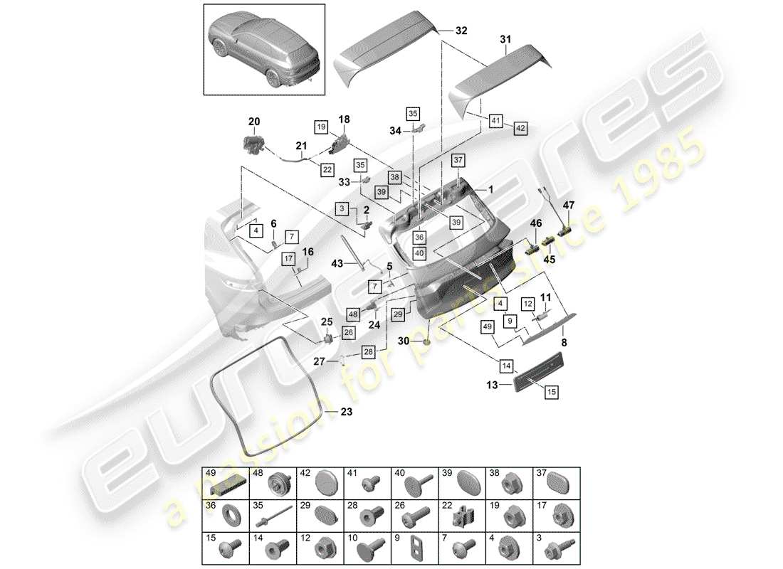 porsche 2019 (cayenne e3 9ya/9yb) coperchio baule posteriore diagramma delle parti