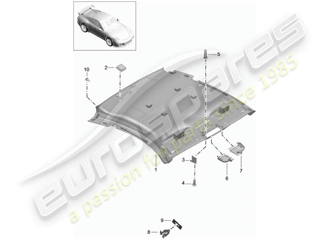 porsche 2016 (991-1 r/gt3/rs) pannello di rivestimento del tetto diagramma delle parti