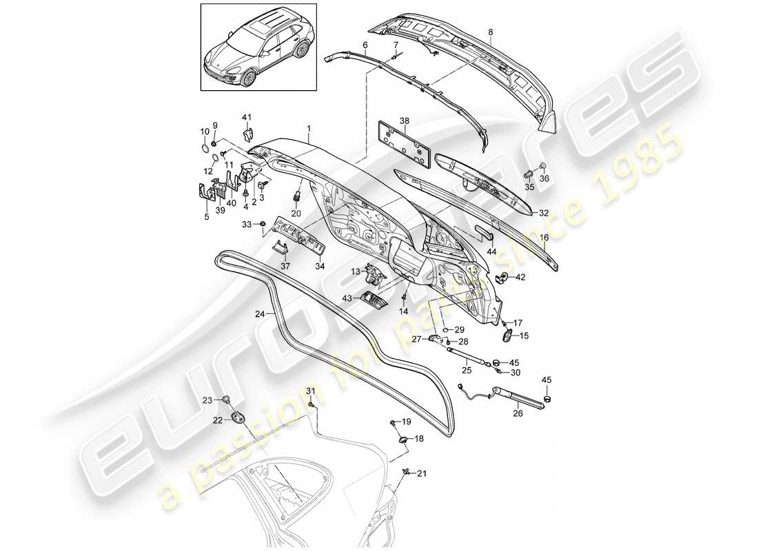 porsche 2013 (cayenne e2 92a) schema delle parti del coperchio del baule posteriore