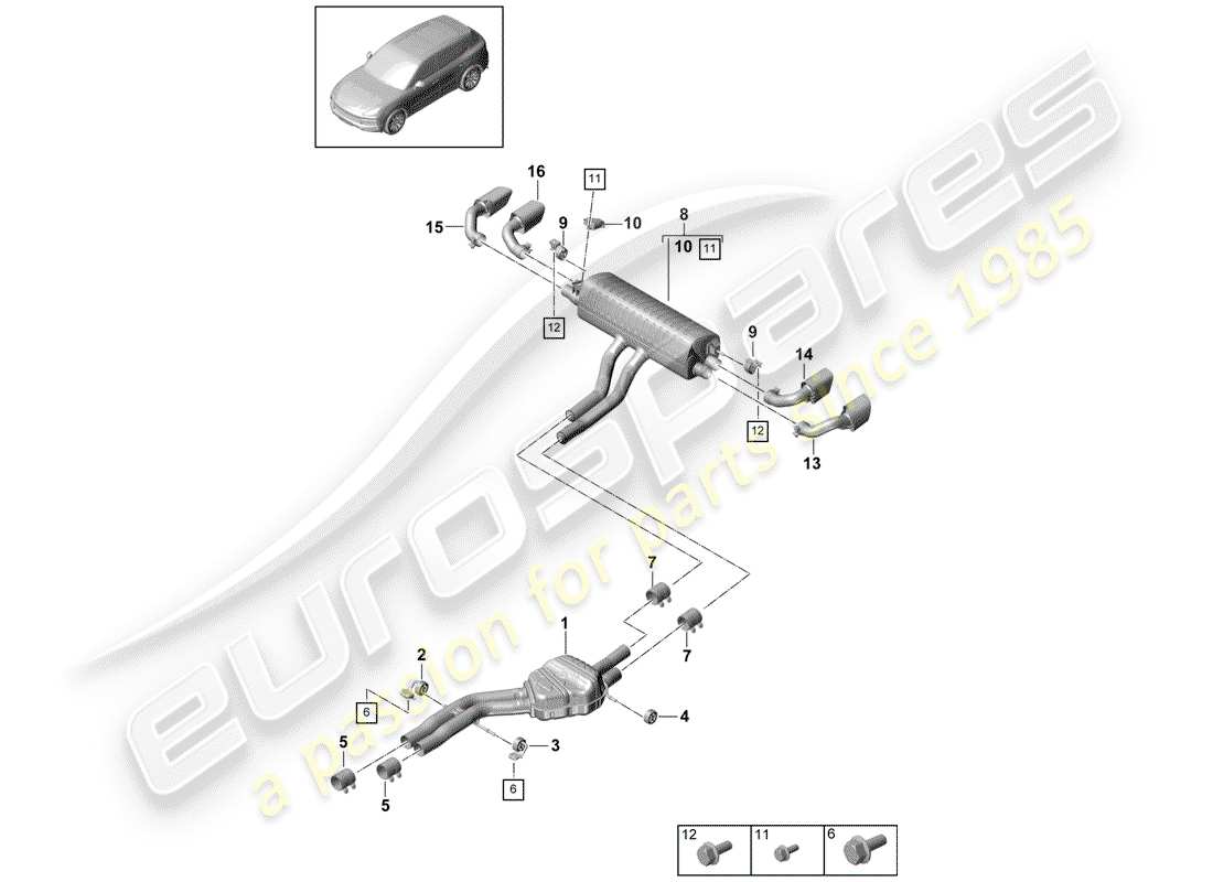 porsche 2018 (cayenne e3 9ya/9yb) impianto di scarico diagramma delle parti
