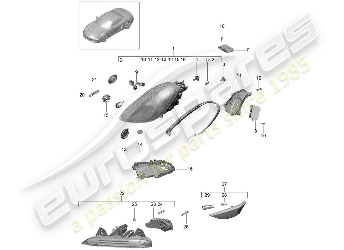 porsche 2013 (981 boxster) faro diagramma delle parti
