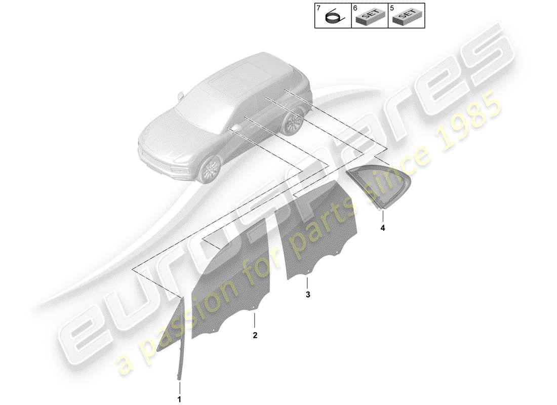porsche 2019 (cayenne e3 9ya/9yb) finestra laterale diagramma delle parti