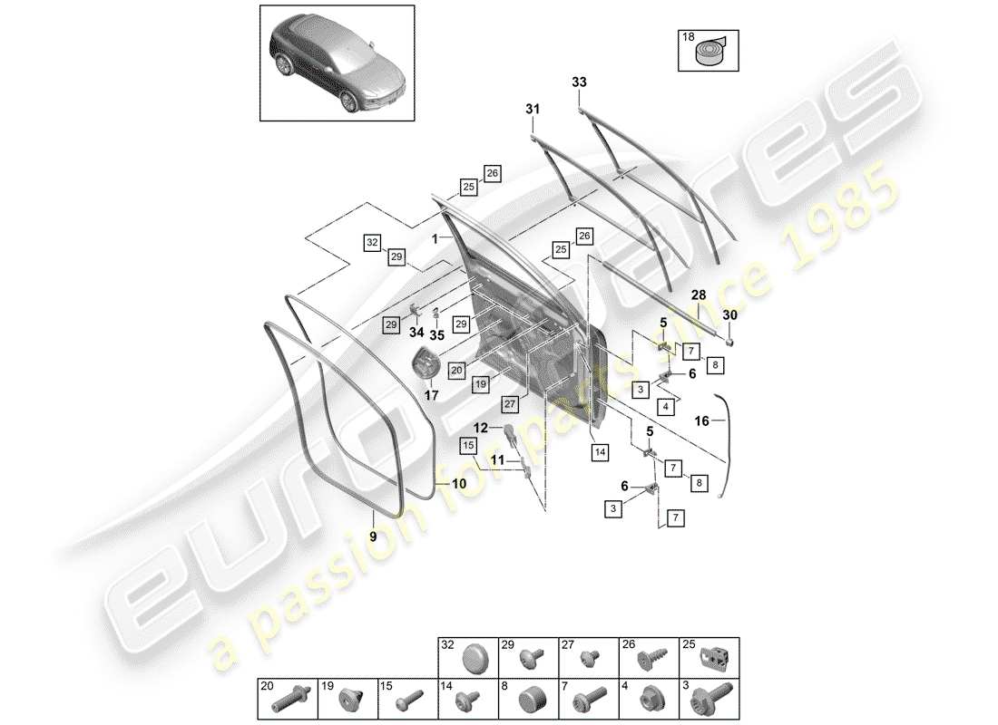 porsche 2019 (cayenne e3 9ya/9yb) guscio della porta diagramma delle parti
