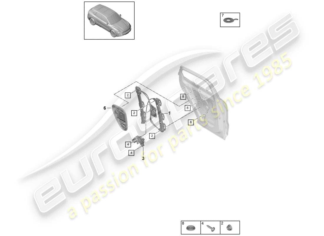 porsche 2020 (cayenne e3 9ya/9yb) regolatore della finestra diagramma delle parti