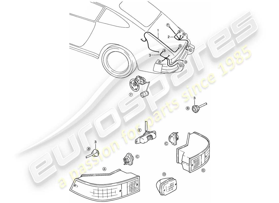 porsche 1985 (911) cablaggi elettrici - luce vano motore - luce posteriore schema parziale