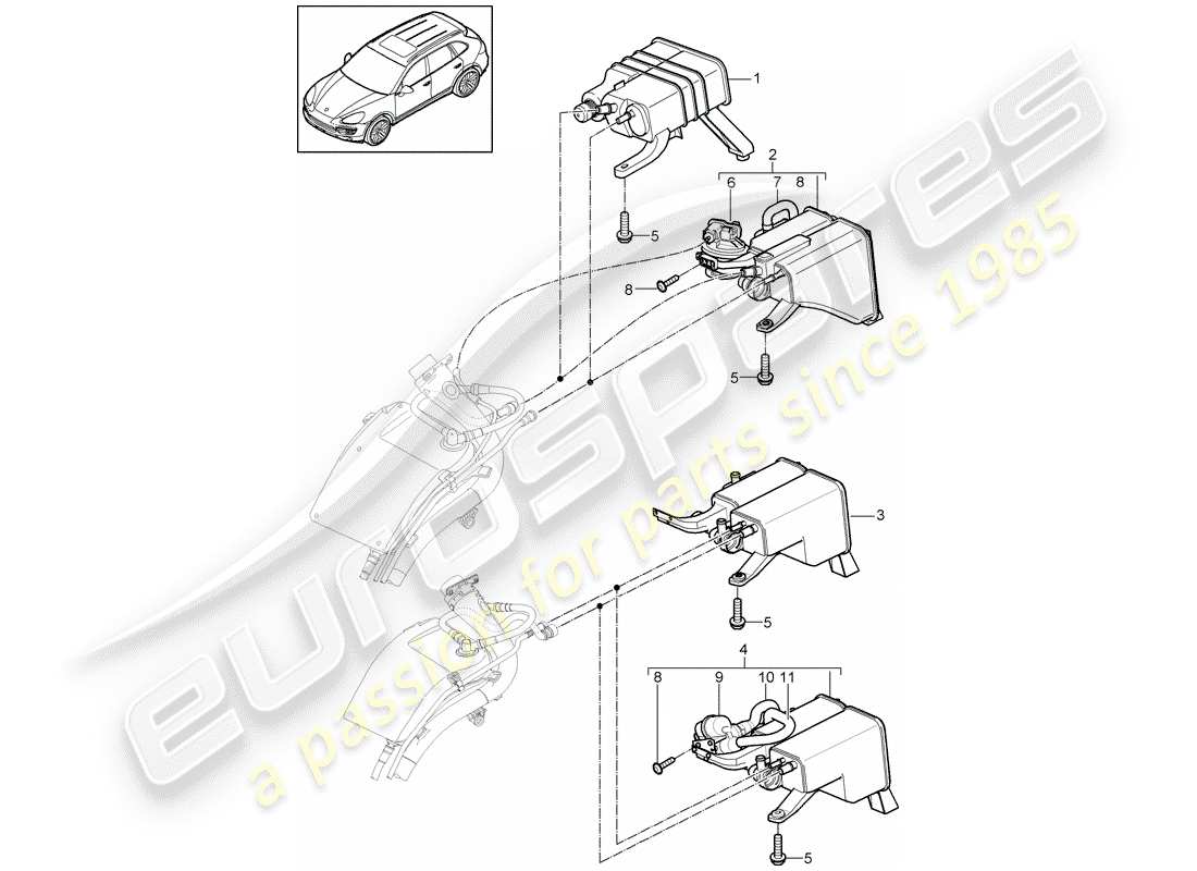 porsche 2014 (cayenne e2 92a) schema delle parti del contenitore per emissioni evaporative