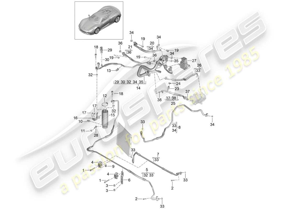 porsche 2015 (918 spyder) schema delle parti del circuito frigorifero