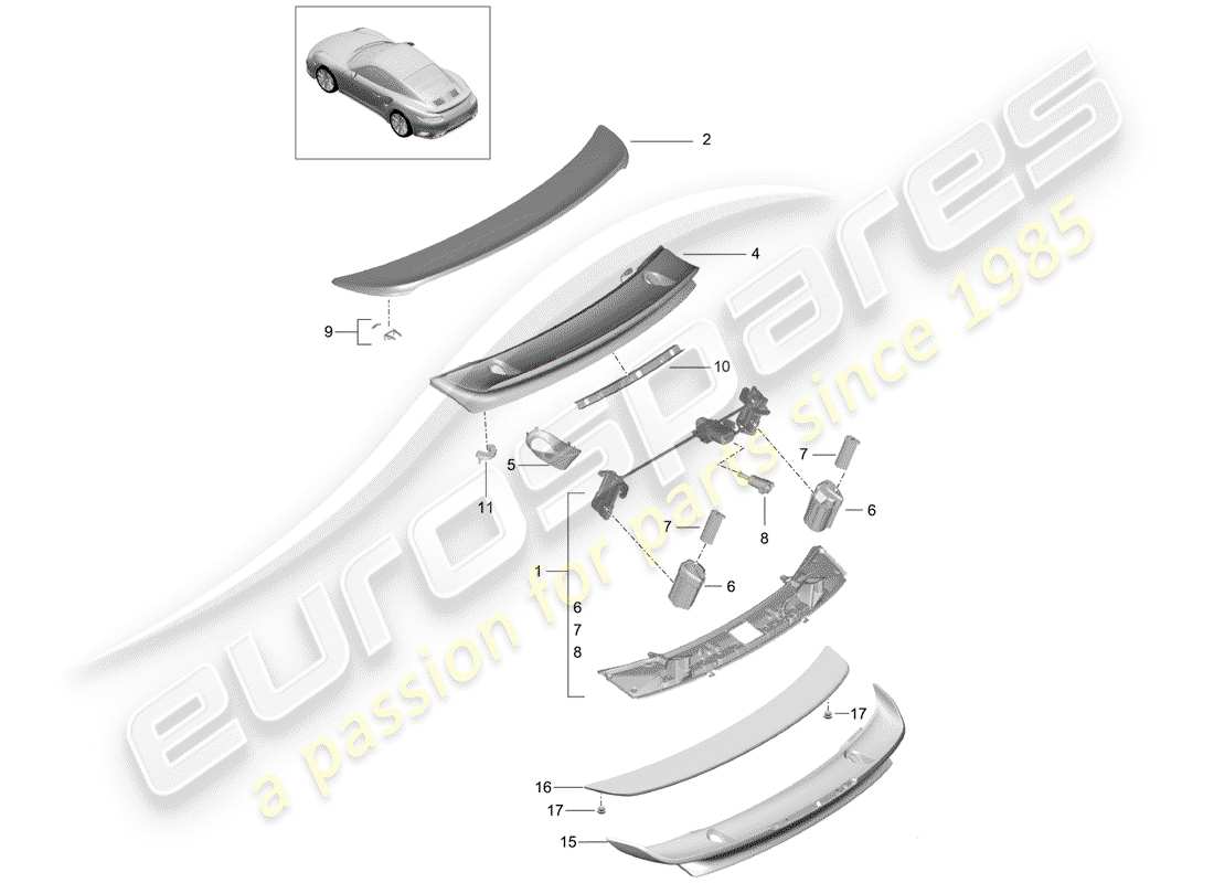 porsche 991 turbo (2019) schema delle parti spoiler posteriore