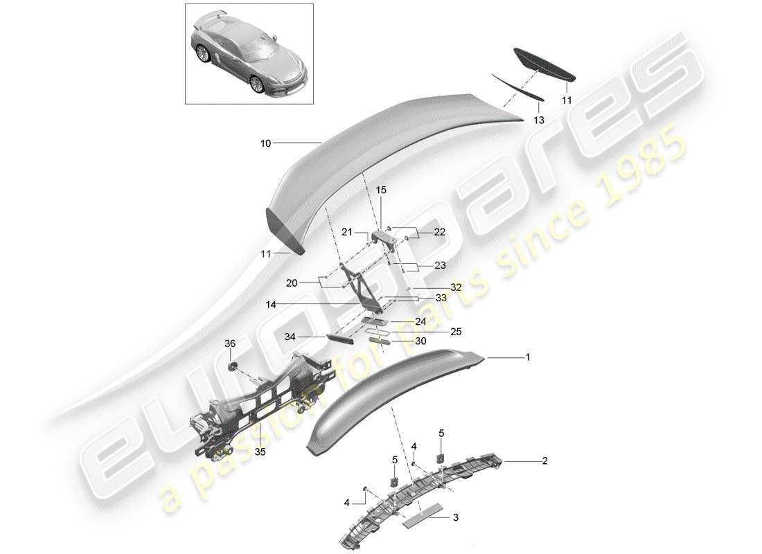 porsche 2016 (981 cayman gt4) schema delle parti spoiler posteriore