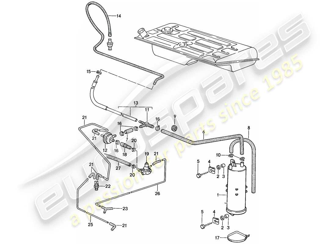 porsche 1987 (924s) canister per emissioni evaporative - ventilazione serbatoio schema delle parti