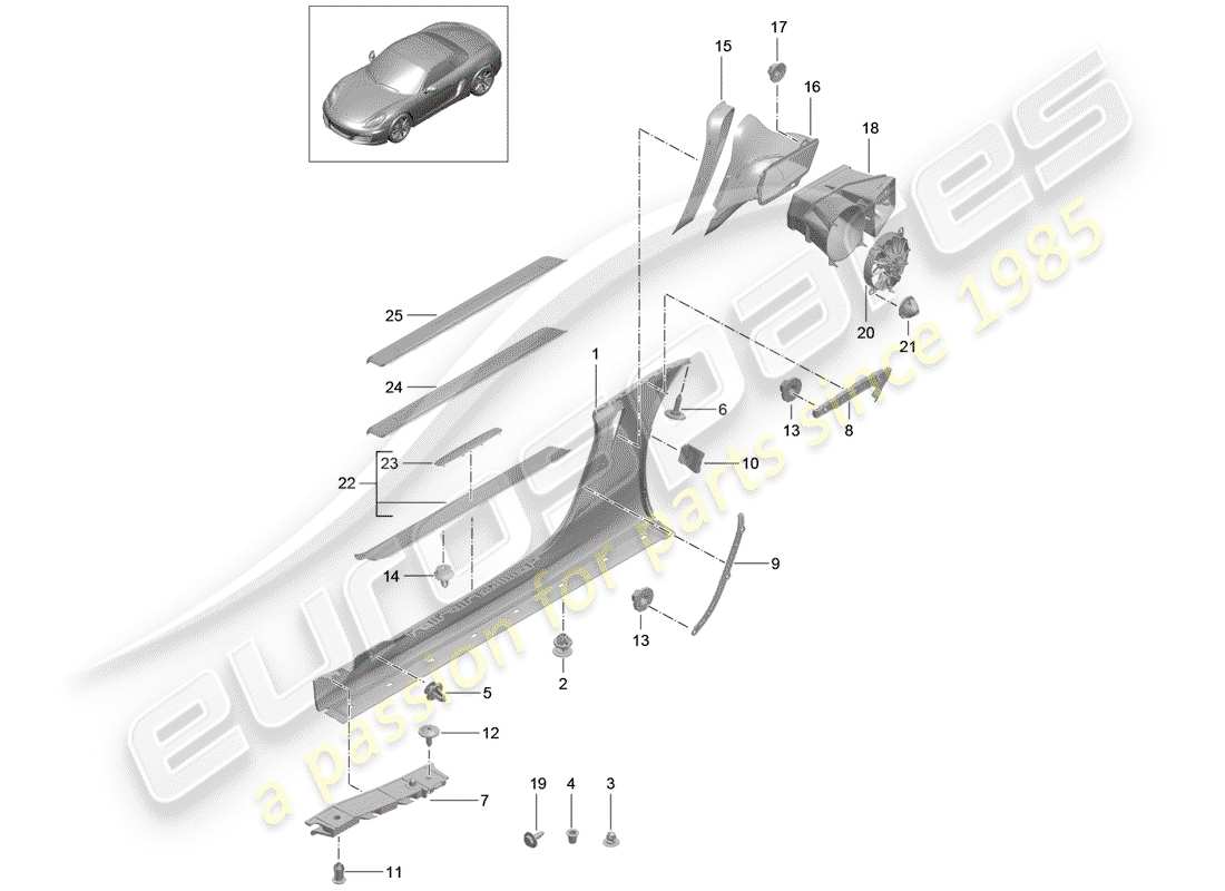 porsche 2013 (981 boxster) rivestimento lato lato diagramma delle parti
