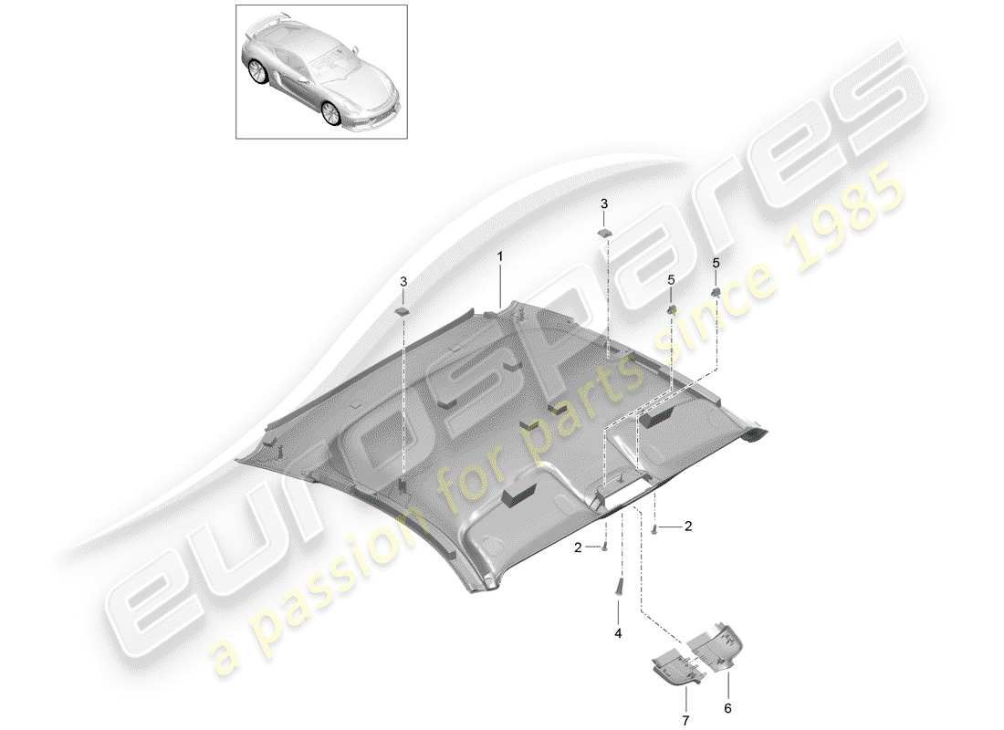 porsche 2016 (981 cayman gt4) pannello di rivestimento del tetto schema delle parti