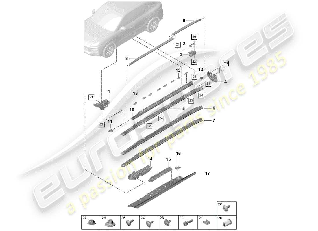 porsche 2019 (cayenne e3 9ya/9yb) rivestimento lato lato schema delle parti
