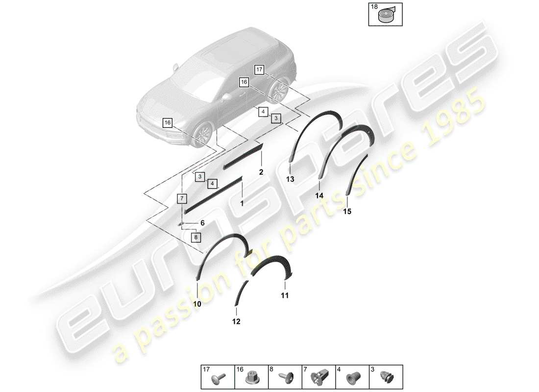 porsche 2019 (cayenne e3 9ya/9yb) copertura passaruota schema delle parti