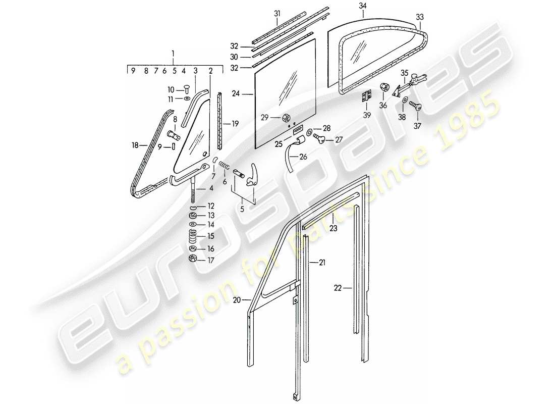 porsche 1950 (356/356a) finestrino laterale - finestrino della porta diagramma delle parti