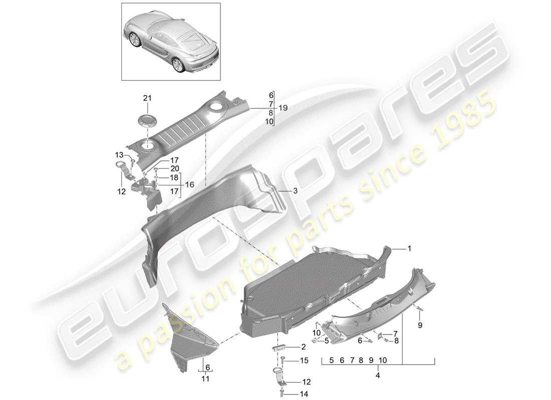 porsche 2016 (981 cayman gt4) compartimento bagagli diagramma delle parti