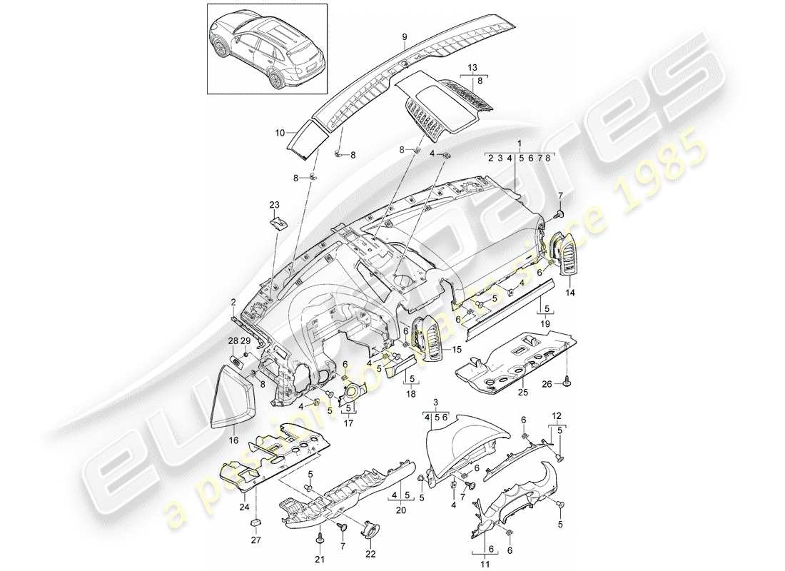 porsche 2012 (cayenne e2 92a) rivestimento del pannello del cruscotto diagramma delle parti
