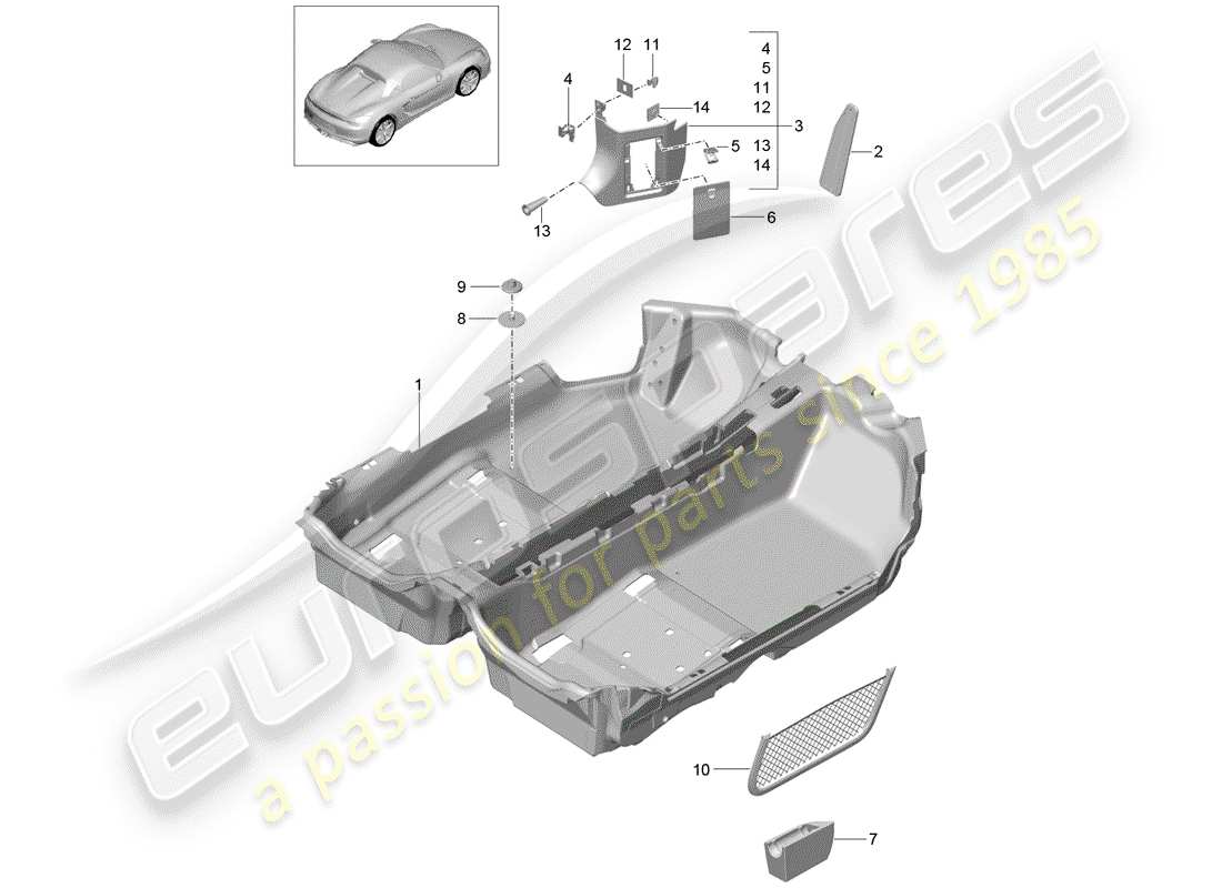 porsche 2016 (981 boxster spyder) copertura del pavimento diagramma delle parti