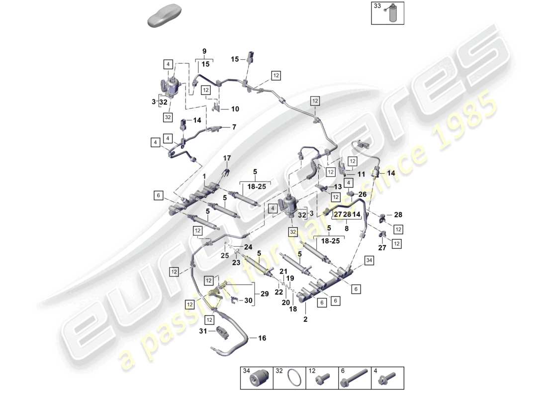 porsche 2019 (718 cayman) sistema di iniezione pompa ad alta pressione iniettore ad alta pressione diagramma delle parti