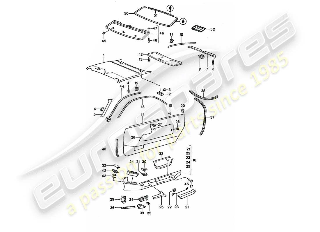 porsche 1994 (928) pannello portiera - pannello di rivestimento del tetto diagramma delle parti
